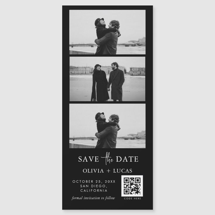 the save the date card is printed on black paper and features three photos of people hugging each other