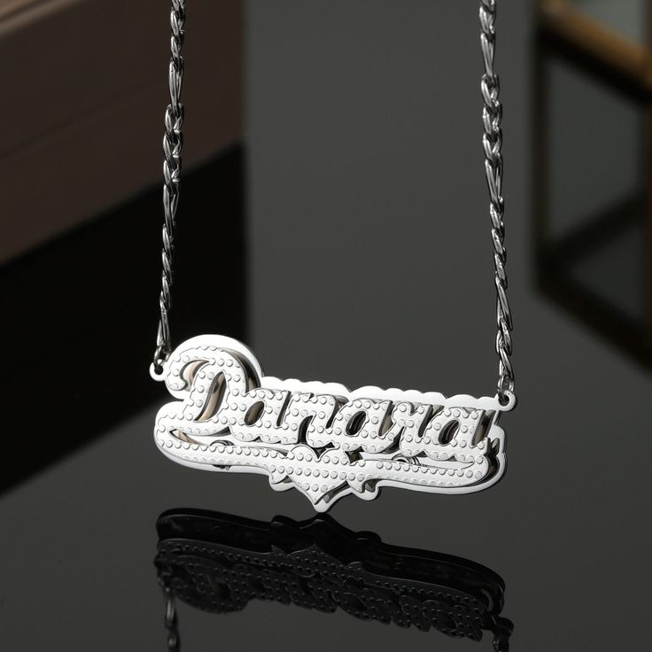 Nameplate Necklace with underline heart accent personalized and custom-made with your desired text. Our double layer 3D nameplate jewelry is handcrafted with 316l stainless steel meaning it is waterproof, hypoallergenic, non tarnish, and everlasting!  These are the perfect gifts for the King and Queen in your life. They scream elegance, luxury, and style all while being friendly to your pockets! DETAILS: -Waterproof, tarnish-resistant, rust-resistant, hypoallergenic and everlasting. -Available M Personalized Silver Necklaces For Special Day, Silver Nameplate Necklace For Formal Occasions, Customized Silver Name Necklace For Formal Occasions, Engraved White Name Necklace For Wedding, Silver Nameplate Necklace For Wedding, Vintage Silver Name Necklace, Vintage Silver Engraved Name Necklace, Custom Text Silver Nameplate Necklaces, Silver Custom Name Nameplate Necklace