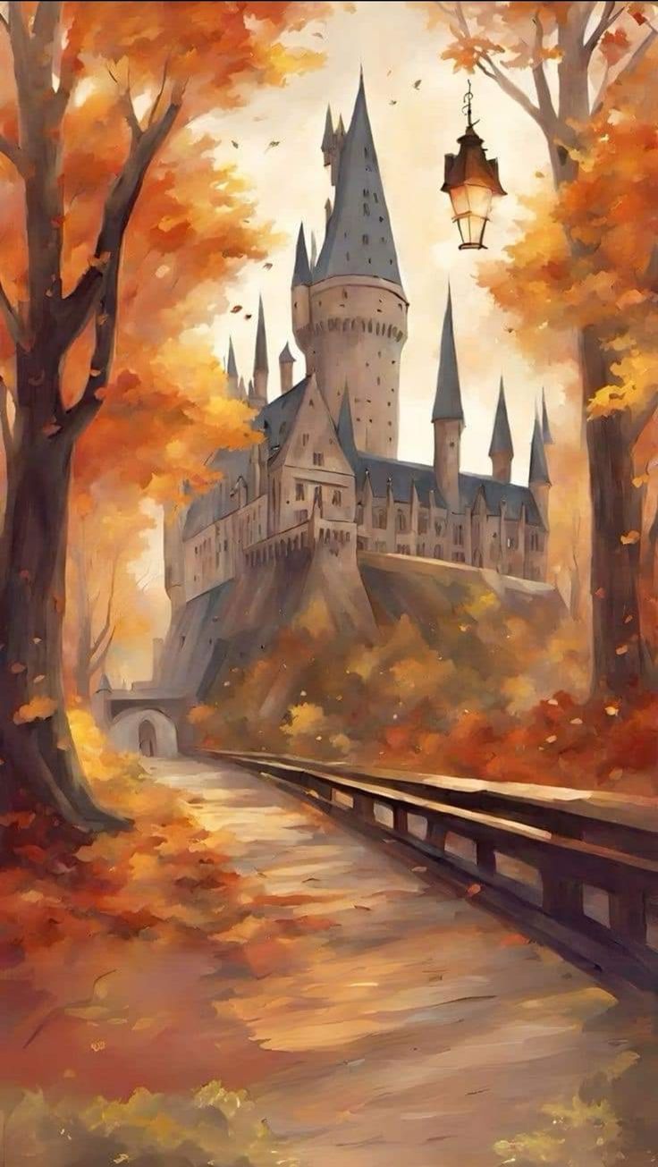 a painting of a castle in the fall