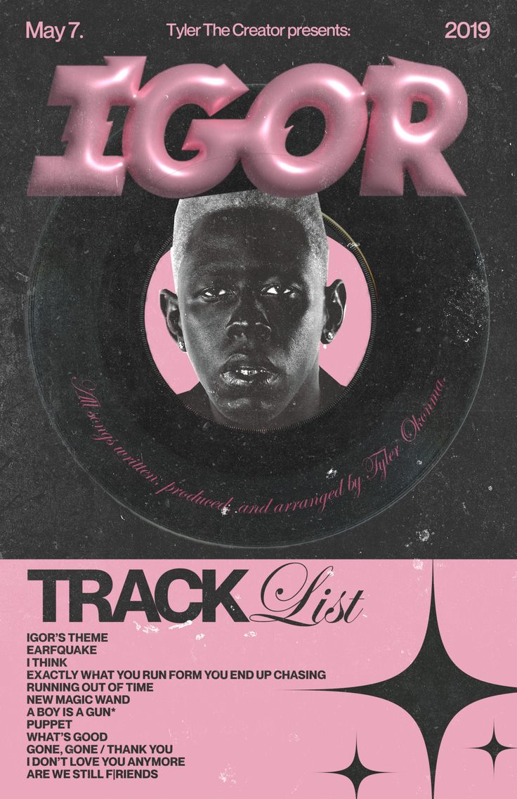 the poster for igor's track list is shown in pink and black