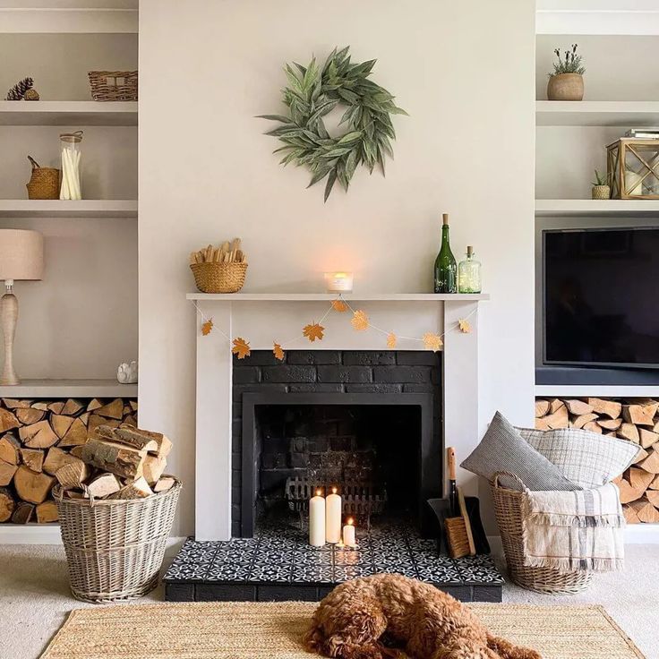 a living room filled with furniture and a fire place in front of a tv mounted on a wall