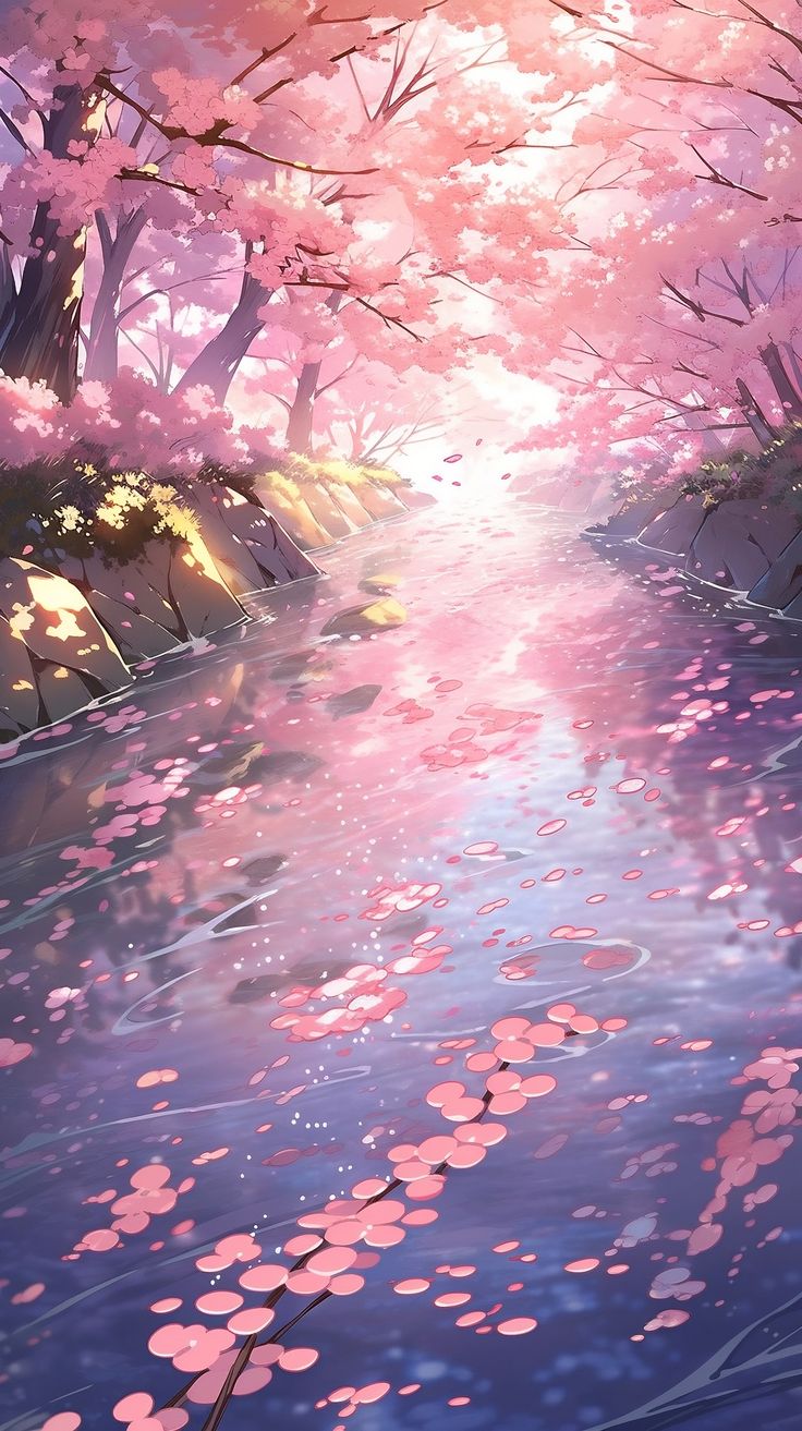 a river with lots of pink flowers on it