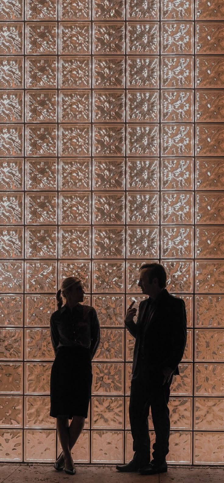 two people standing in front of a glass wall