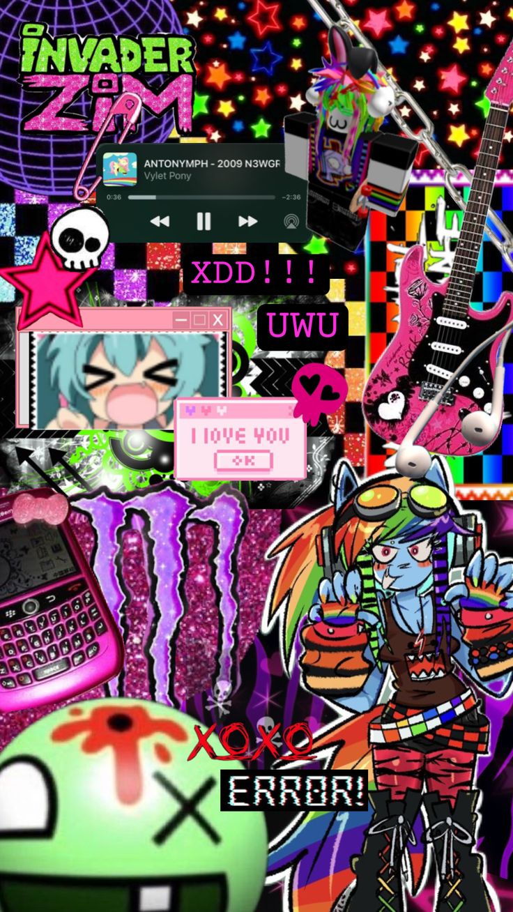 a collage of cartoon characters and items in pink, blue, green, purple, black and white