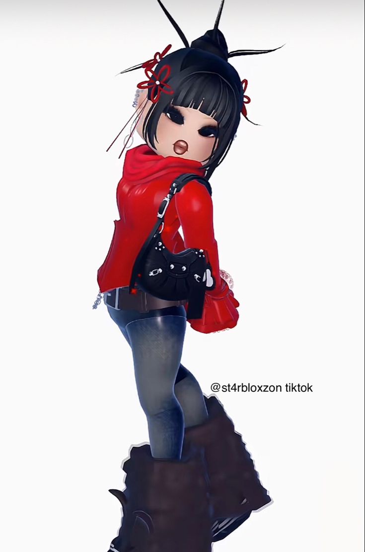 a digital painting of a woman in a red jacket and black boots holding a handbag