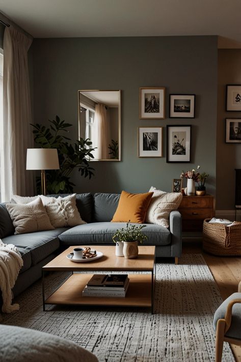 a living room filled with lots of furniture and pictures on the wall above it's windows