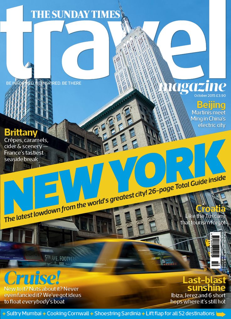 the front cover of travel magazine new york, featuring a yellow taxi and skyscrapers