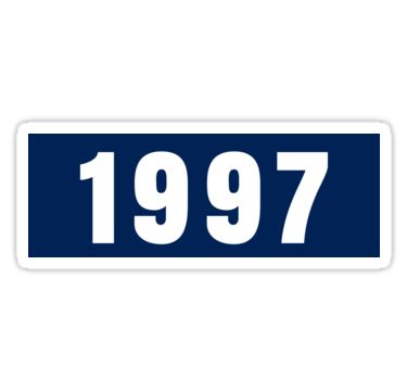 a blue and white sticker with the number ninety seven