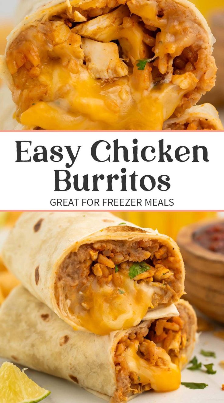 an easy chicken burrito is cut in half and stacked on top of each other