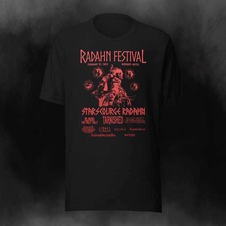 This is a unisex t-shirt that features an original design inspired by Elden Ring. The design is gradient red on a black shirt. I took inspiration from some modern fliers for metal festivals such as Sick New World and Mayhem Fest. I wanted each act (the NPCs that you can summon during the fight) in the lineup to have their own stylized metal font. ------------------------------------------------------------------------------ This t-shirt is everything you've dreamed of and more. It feels soft and lightweight, with the right amount of stretch. It's comfortable and flattering for all.  * 100% combed and ring-spun cotton (Heather colors contain polyester) * Fabric weight: 4.2 oz./yd.² (142 g/m²) * Pre-shrunk fabric * Side-seamed construction * Shoulder-to-shoulder taping * Blank product source Red Band Logo T-shirt Merch, Black Graphic Design T-shirt For Music Festival, Alternative Style Graphic T-shirt For Concerts, Band Merch T-shirt With Graphic Design For Concert, Band Merch T-shirt For Music Festivals And Concerts, Alternative T-shirt With Screen Print For Music Festival, Gothic Short Sleeve T-shirt For Concerts, Alternative Style T-shirt With Screen Print For Music Festival, Alternative Style T-shirt For Music Festivals With Screen Print