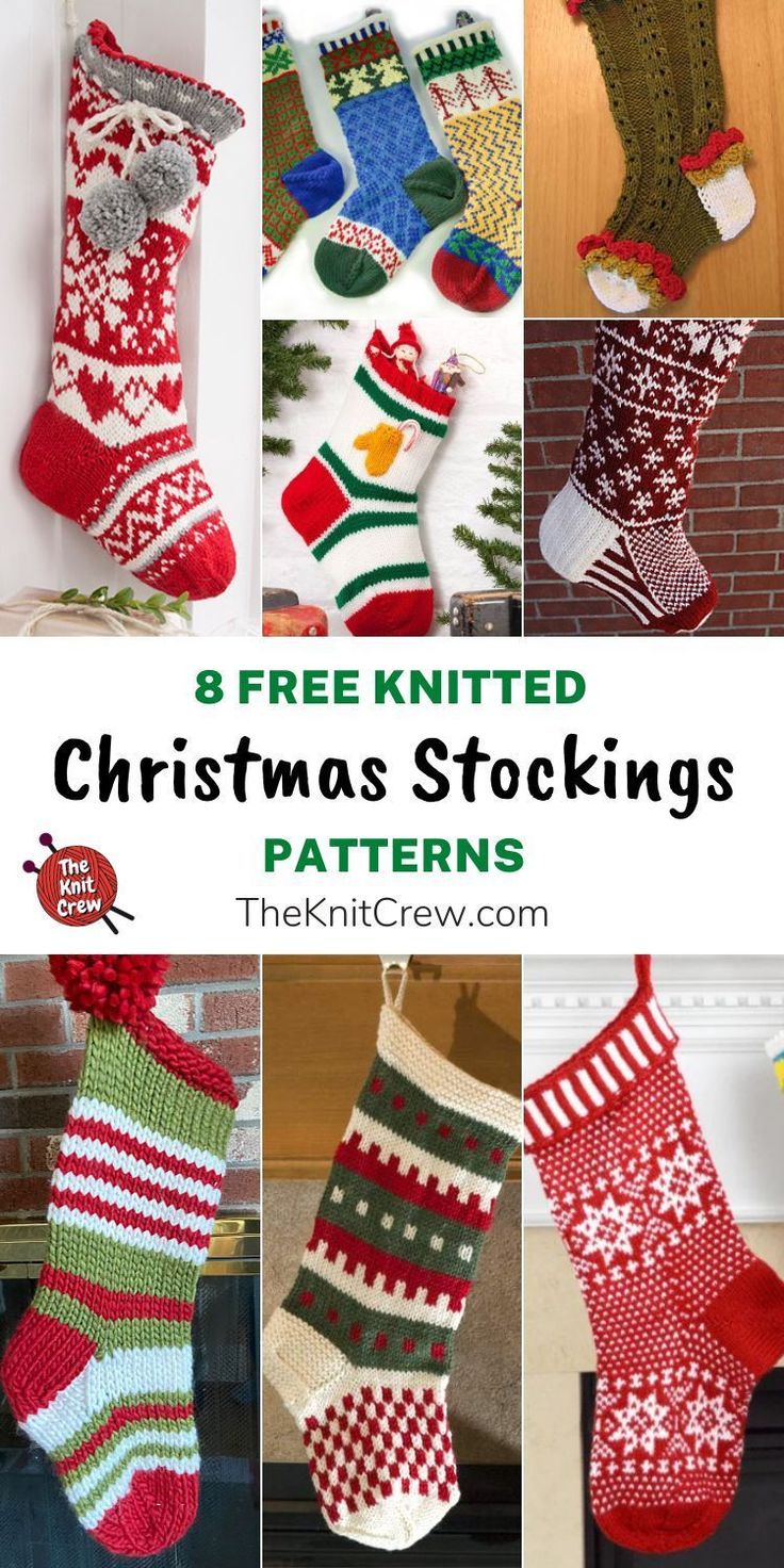 knitted christmas stockings hanging from the ceiling and in different styles with text overlay that reads 8 free knitted christmas stockings patterns