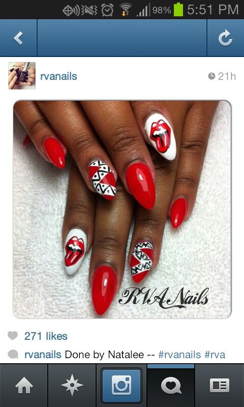 RVA Nails - red, white and black Red White Black Nails, Red White And Black Nails, Red Black And White Nails, Almond Acrylic Nails, Nails Red, Birthday Nails, Black Nails, White Nails, Red Nails