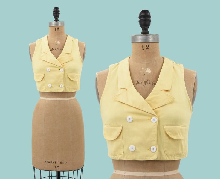 Vintage 30s/40s waistcoat. Buttery yellow twill cotton. Double pointed collar, double breasted front buttons and two front side pockets. Button closure (Pair or wear solo! State of garment | okay, overall wear with sun fading at shoulders, some faint marks on collars and in back, some wear under buttons and small marks (under multiple buttons). Buttons are not evenly aligned. refer to photos and request additional if needed. Buttons are a snug fit to insert.  Measurements ✂--- Best fit |  Small/ Medium  Bust | up to 34 " Shoulders  | 11 1/4" Shoulder to waist | not specified  Waist | 29" Total length | 14 1/2 " Tag | none present  ★★Visit The Shop★★ http://www.etsy.com/shop/seaofvintage ➸ Find the shop on Instagram for peekaboo sales & other earthly treasures.  Instagram | Seaofvintage Che Yellow Sleeveless Vest For Work, Retro Cotton Vest With Buttons, Vintage Buttoned Vest For Workwear, Vintage Vest With Buttons For Workwear, Vintage Workwear Vest With Buttons, Retro Spring Vest For Workwear, Vintage Summer Vest For Workwear, Retro Workwear Vest With Button Closure, Vintage Vest For Spring Workwear