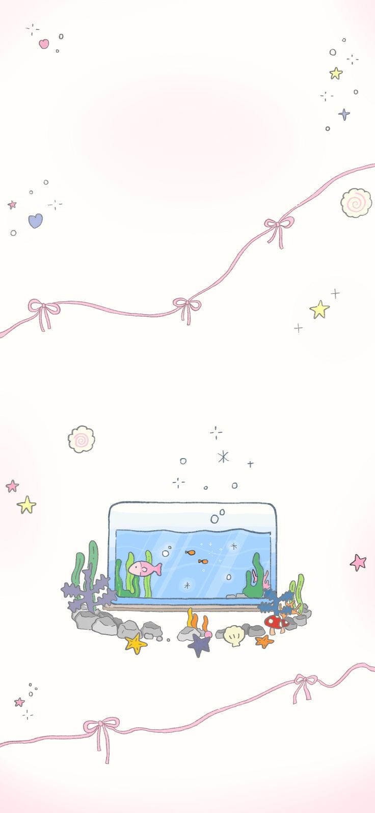 an image of a computer screen with fish and stars on the wall behind it,