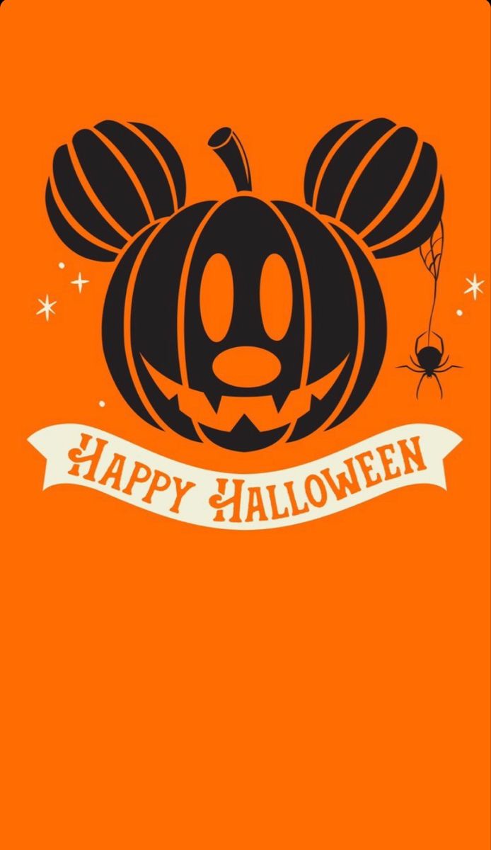 an orange background with black and white mickey mouse on it's head, which says happy halloween