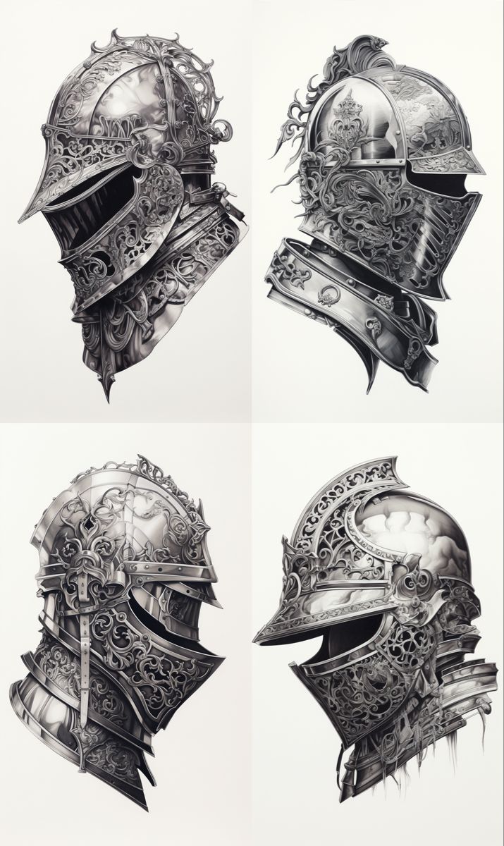 four different views of a helmet with intricate designs on the front and back, in black and white