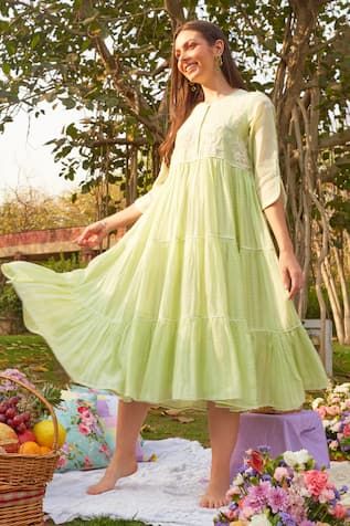 Lime tiered dress with thread, bead, sequin embroidery in floral pattern on yoke. - Aza Fashions Fitted Tiered Dress For Festive Occasions, Festive Embroidered Dresses With Tiered Skirt, Sequins Embroidery, Tiered Dress, Three Quarter, Embroidery Thread, Aza Fashion, Floral Pattern, Embroidery