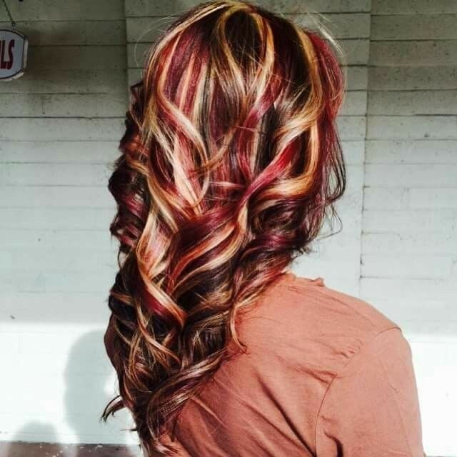 Hair Color Ideas Bright Colors, Red Tip Hair, Fun Highlights For Brunettes, Fun Red Hair Color Ideas, Fall Hair Colors For Blondes Caramel Red, Dark Red And Blonde Hair Color, Brown Hair With Red And Blonde Highlights, Fun Fall Hair Colors, Red And Blonde Highlights