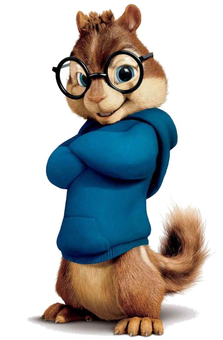 a cartoon squirrel wearing glasses and a blue shirt with his arms folded up in front of him