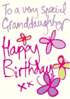 a happy birthday card with flowers and butterflies on the front reads, to a very special granddaughter