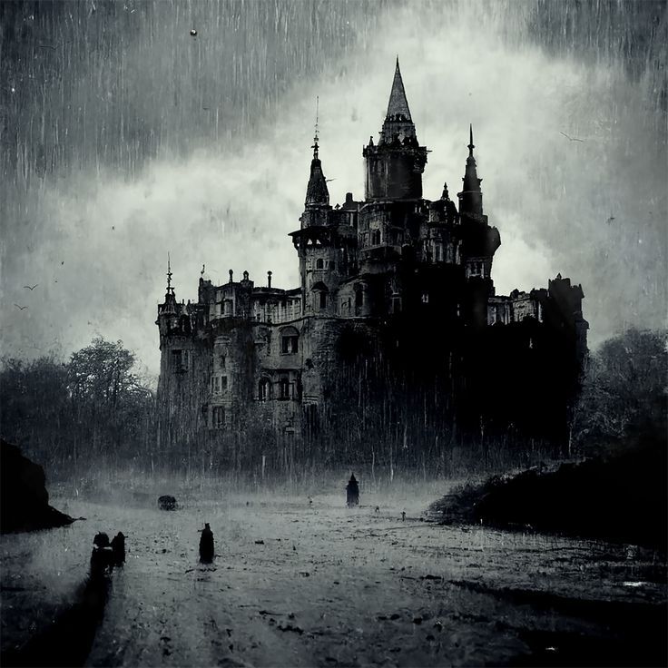 people are walking in the rain near an old castle