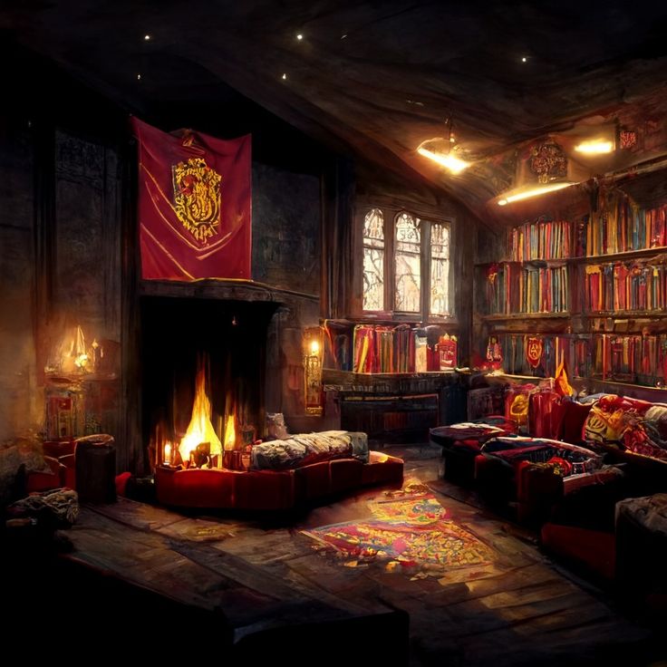 a living room filled with furniture and a fire place in front of a bookshelf