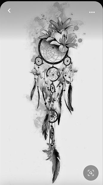 a black and white drawing of a dream catcher with flowers on it's side