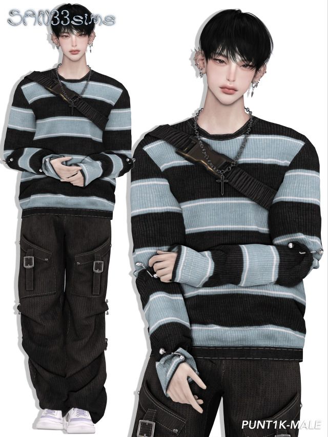 a male in a striped sweater and black pants