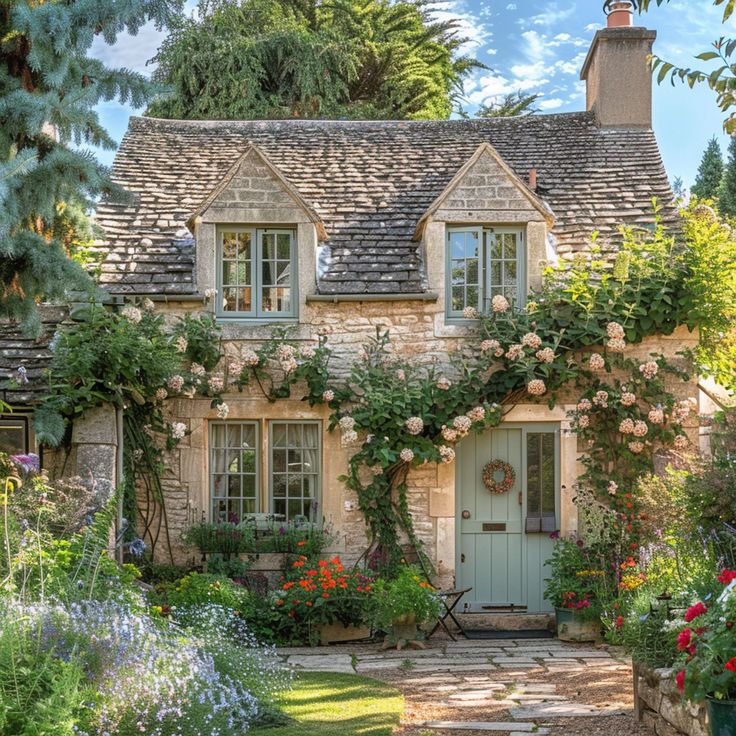 This picturesque English countryside cottage exterior embodies the timeless beauty of the region's colors, with earthy tones, soft muted hues, and lively accents harmonizing with the vibrant garden and golden sunlight English Countryside Home, Cotswolds Cottage, Countryside Cottage, Cottage Aesthetic, Cottage Exterior, Dream Cottage, Countryside House, Stone Cottage, English House