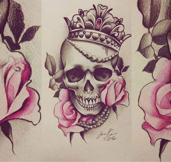 two drawings of roses and a skull with a crown