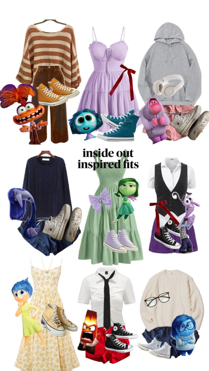 the inside out inspired items are shown in this image, including clothing and accessories for children