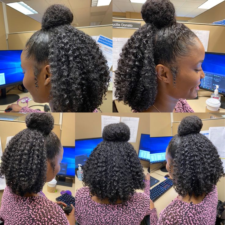 Wash And Go Half Up Half Down, Half Bun Half Down Curly Hair, Half Up Half Down Wash And Go, Curly Half Up Half Down Natural Hair, Curly Bun Natural Hair, Half Bun Half Down, Bun Natural Hair, Bun Curls, Curly Half Up Half Down