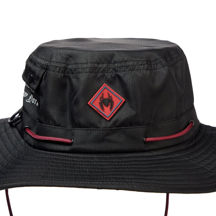 Rubber spider patch on the front Mesh Interior lining Snap pocket on the side Adjustable drawstring 100% Polyester OSFM: 23"C Imported Officially licensed Marvel merchandise Spider Man Black, Miles Morales Spider Man, Boonie Hat, Marvel Merchandise, Miles Morales, Spiderman, Marvel, Mesh, Hats