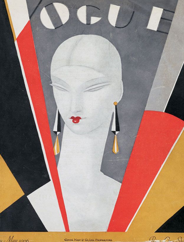 an art deco poster featuring a woman's face with earrings on her head and the words august above it