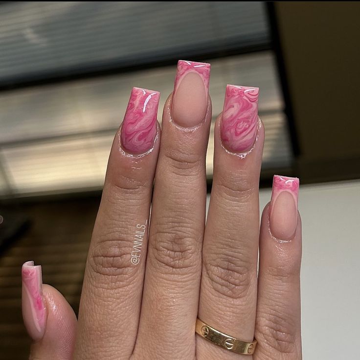 Acrylic Nails 
Marble Nails 
Pink Nails 
French Nails Marble On Short Nails, Pink With Marble Nails, Pink Marble Short Nails, Pink Marble Acrylics, French Tip With Abstract Lines, Marble Short Nails Design, Short Square Acrylic Nails Marble, Light Pink Nail Designs Acrylic, Marble French Tip Nails Short