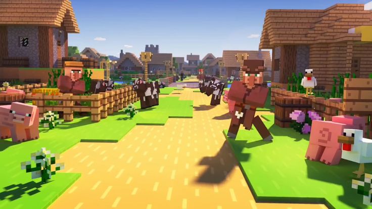 an animated image of people walking in the middle of a village with animals and sheep