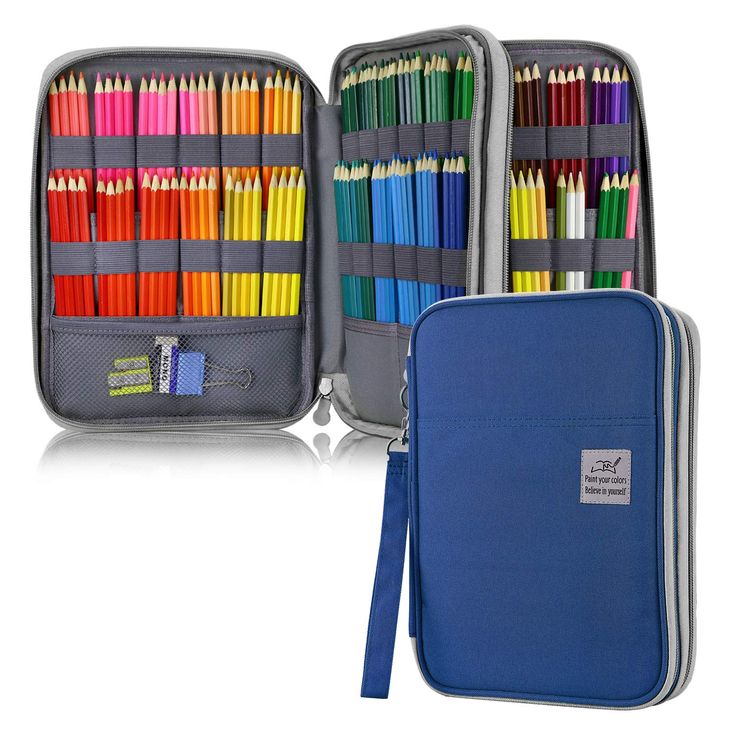 an open case filled with colored pencils and a zippered bag full of them