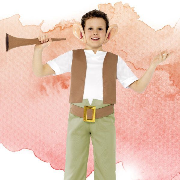 a young boy wearing a brown vest and holding an old fashioned megaphone