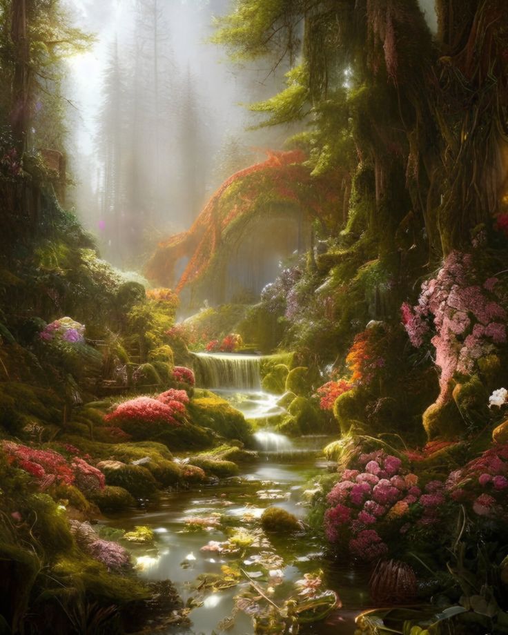 a painting of a stream running through a forest filled with flowers