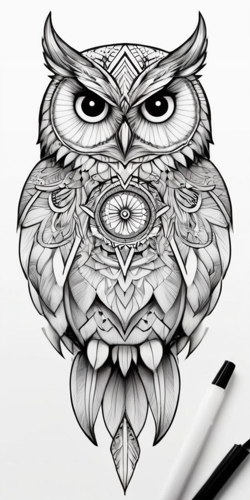 an owl with ornate designs on it's face and eyes is drawn in black ink