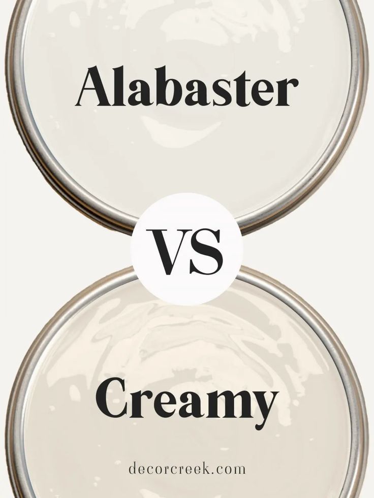 The image displays a comparison between two paint colors, "Alabaster" and "Creamy." Both color names are placed inside the outline of paint cans, with "Alabaster" at the top and "Creamy" at the bottom. In the center, there is a large "VS" inside a circle, indicating a contrast between the two shades. The background shows a soft, neutral palette, highlighting the subtle differences between these two off-white colors. Alabaster Paint Scheme, Beige Paint Colors, Alabaster Color, Cozy Interiors, Beige Paint, Popular Paint Colors, Paint Color Inspiration, Favorite Paint Colors, Paint Colors Benjamin Moore