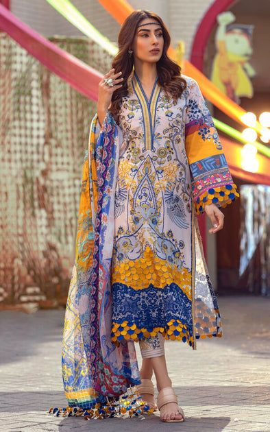 Pakistani Eid Outfits, Blue Kameez, Pakistani Eid Dresses, Daman Design, Lawn Work, Eid Outfit, Blue And White Fabric, Printed Dupatta, Silk Dresses