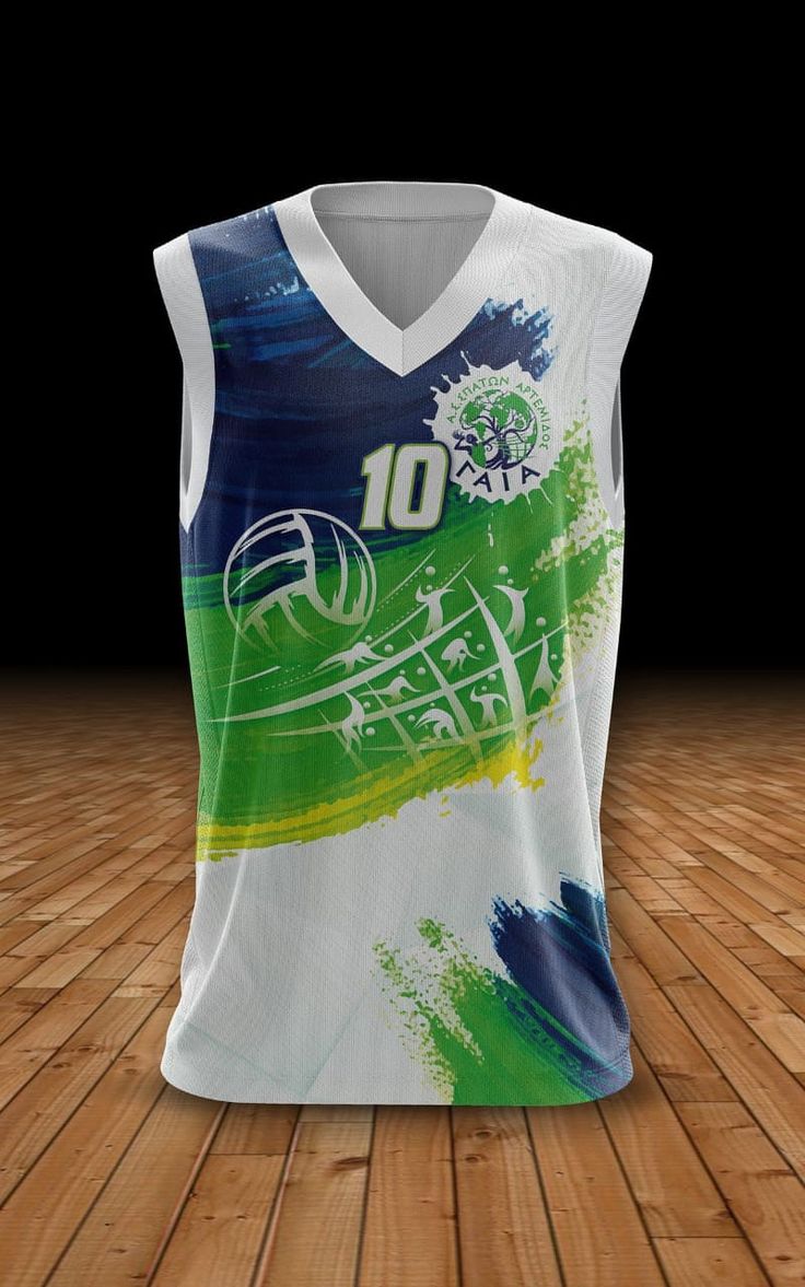 a basketball jersey with the number 10 on it is sitting on a wooden floor in front of a black background