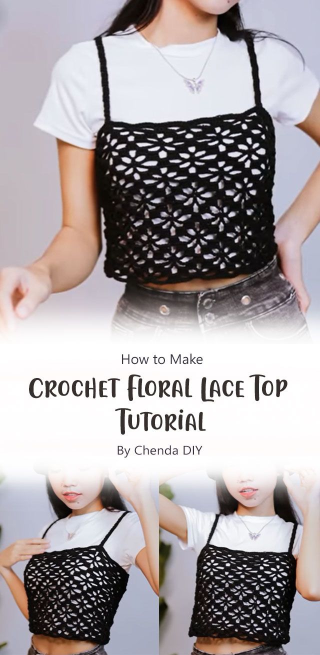 the crochet floral lace top is shown in three different pictures, and has an attached