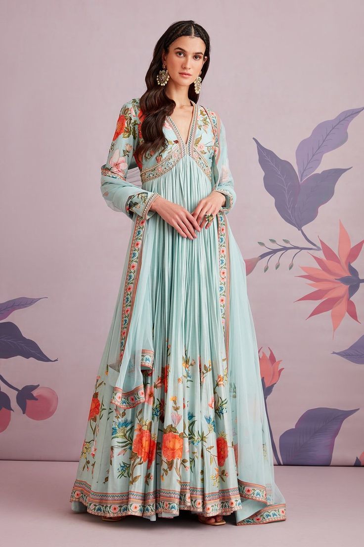 FLORA - 2 / Regular Floral Anarkali, Floral Sarees, Green Anarkali, Ridhi Mehra, Silk Anarkali, Anarkali Dress Pattern, Book Instagram, Long Dress Design, Designer Dresses Casual