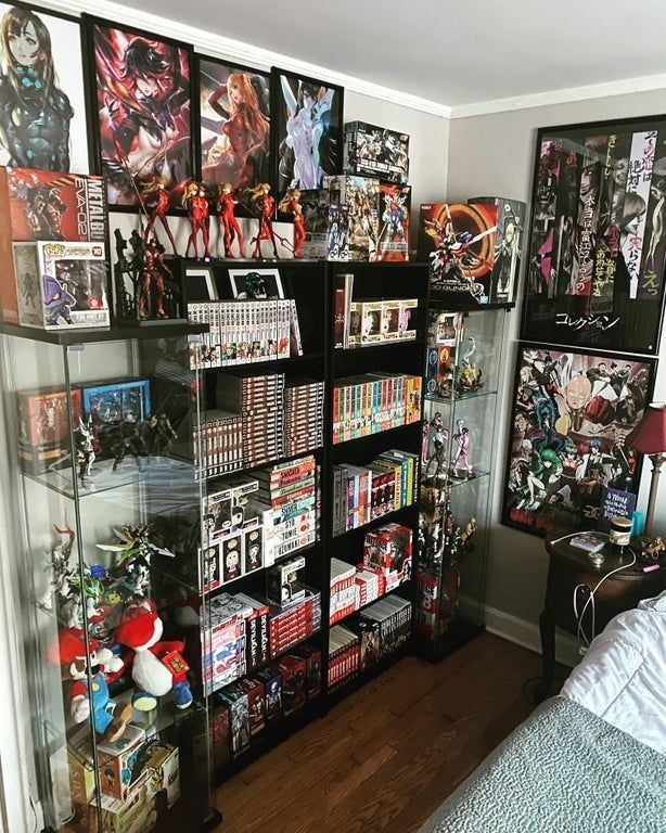 a room filled with comic books and toys