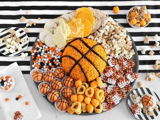 a plate filled with basketball snacks and candy