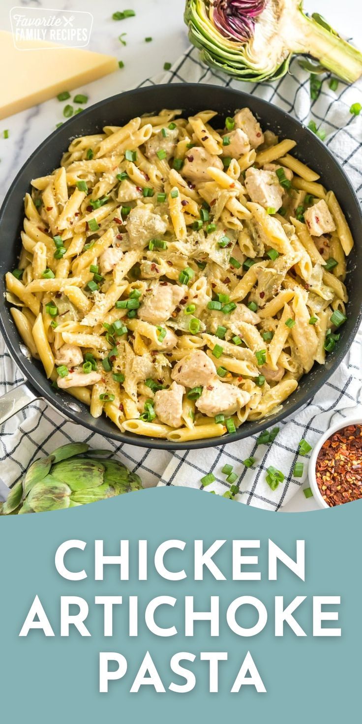 chicken artichoke pasta in a skillet with parsley on the side