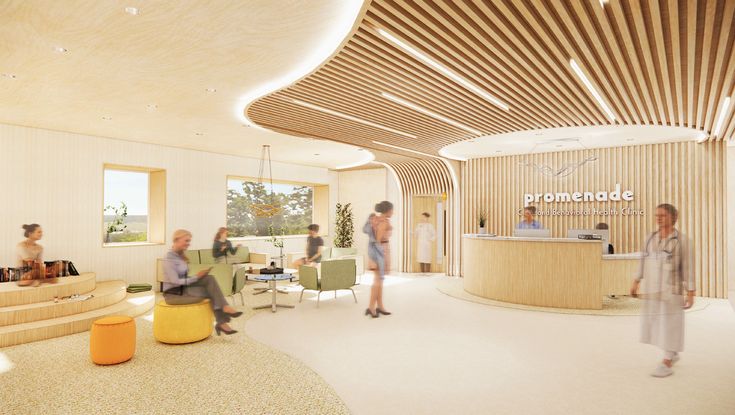 people are walking around in the lobby of a modern office with wood slats on the ceiling