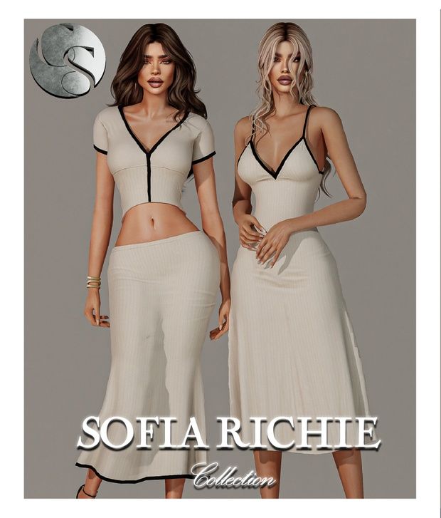 two beautiful women in white dresses standing next to each other with the caption sofia riche collection